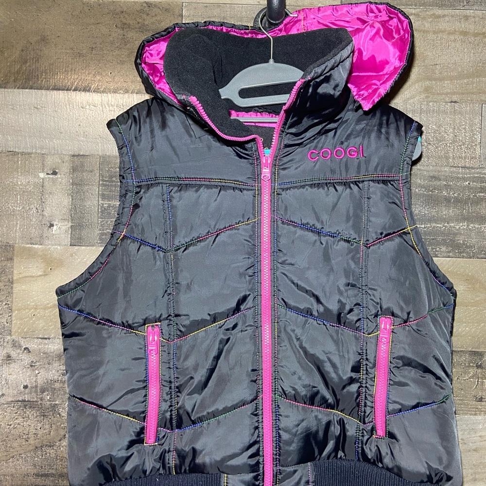 COOGI Australia Black Hooded Puffer Vest with Hot Pink Accents zip off hood 2XL